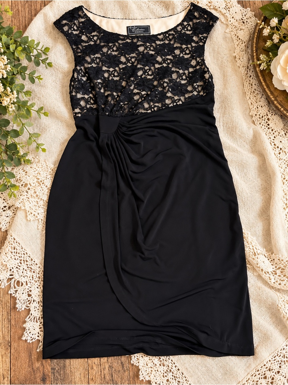 Dressbarn Collection Black Lace Dress Petite 14 Ruched Sequin